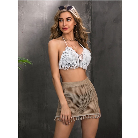 Tassel Detail Tan Knit Cover Up Mini Skirt - Picture 6 of 14